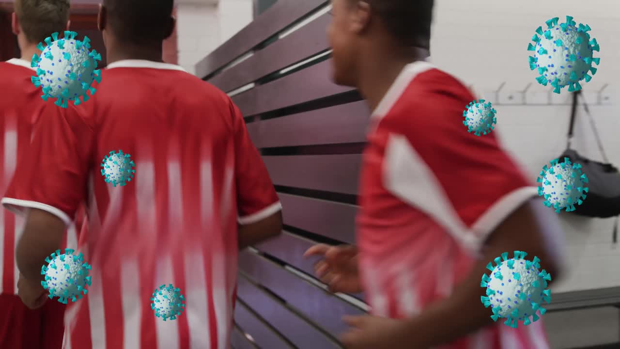 다양한 남성 축구 선수에 대한 바이러스 세포의 애니메이션