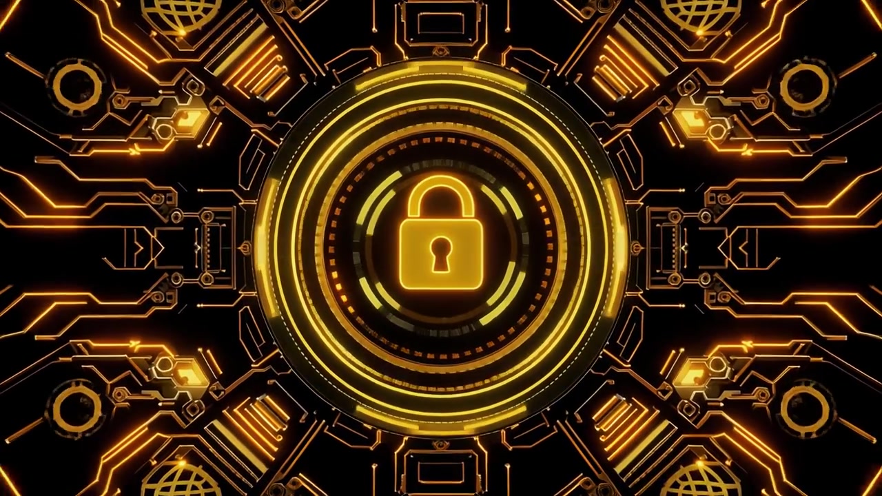Golden Padlock Symbol on Abstract Digital Circuit Board