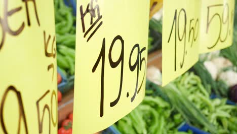 fresh produce at market stall with price tags