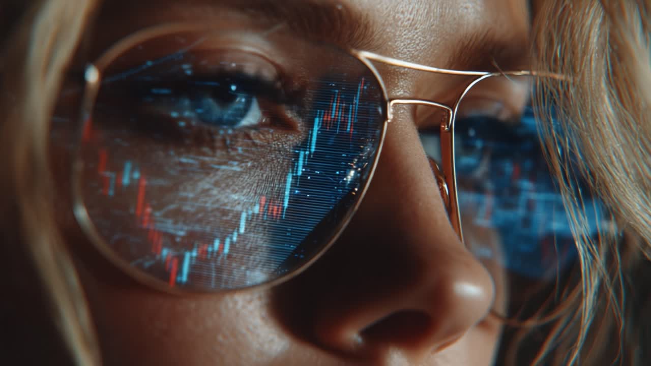 A close-up view of a focused individual with glasses reflecting complex financial data trends, showcasing the intersection of technology and finance