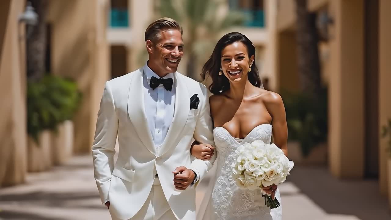 Una sposa e uno sposo che camminano per strada tenendosi per mano