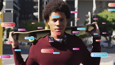 animation of notification bars over smiling african american man with skateboard on shoulder