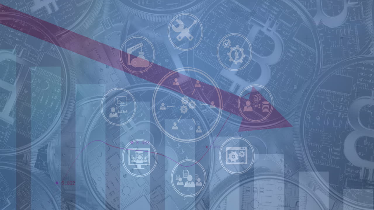 animación del procesamiento de datos financieros con flecha roja descendente e íconos sobre bitcoins