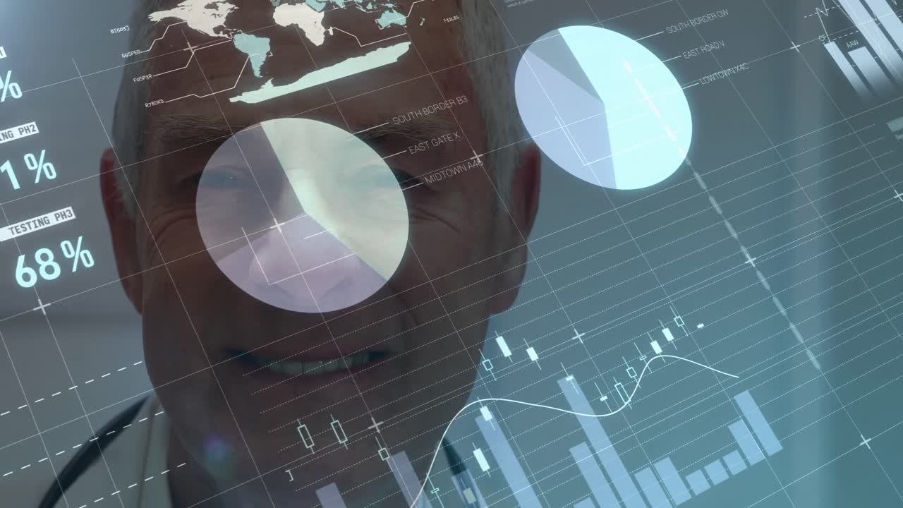 animación de datos financieros sobre un médico masculino caucásico de alto rango feliz