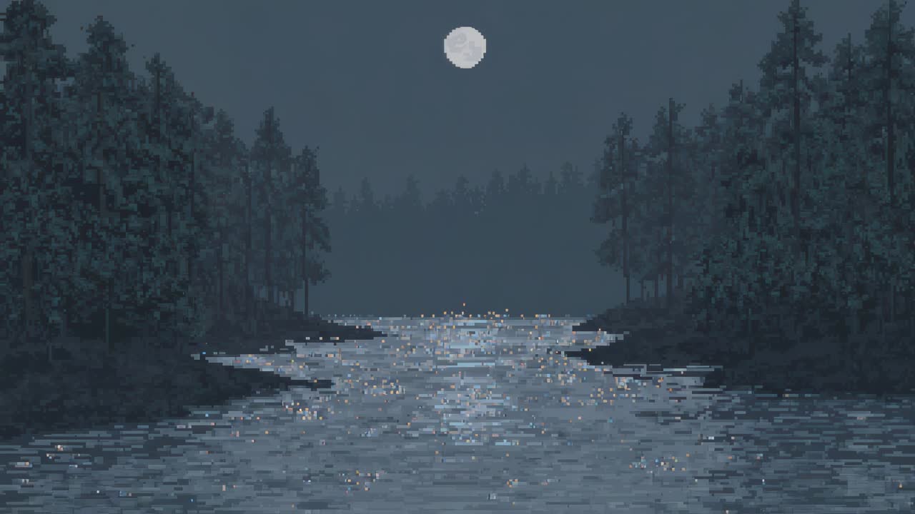 Fiume scintillante in pixel art illuminato dalla luna che riflette bagliori mutevoli sotto la luna piena e la brezza fluttuante