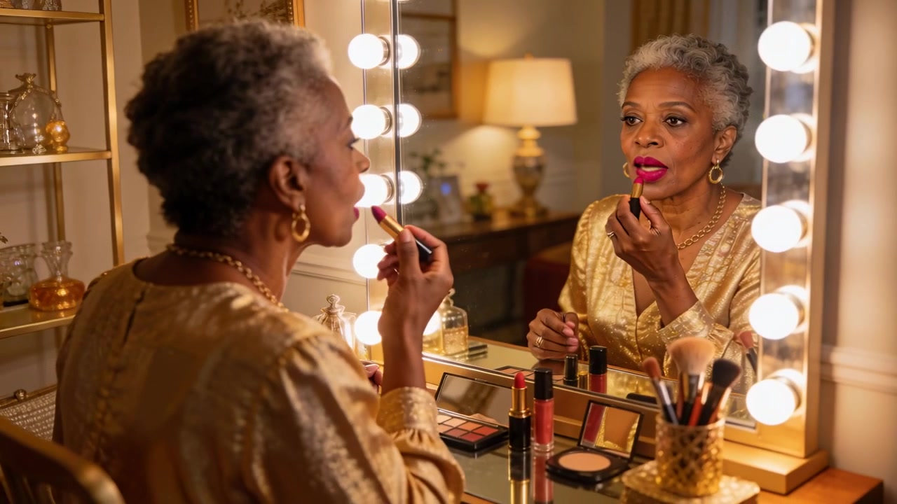 Picking up lipstick, senior woman wearing gold blouse applying, checking shade at lighted mirror