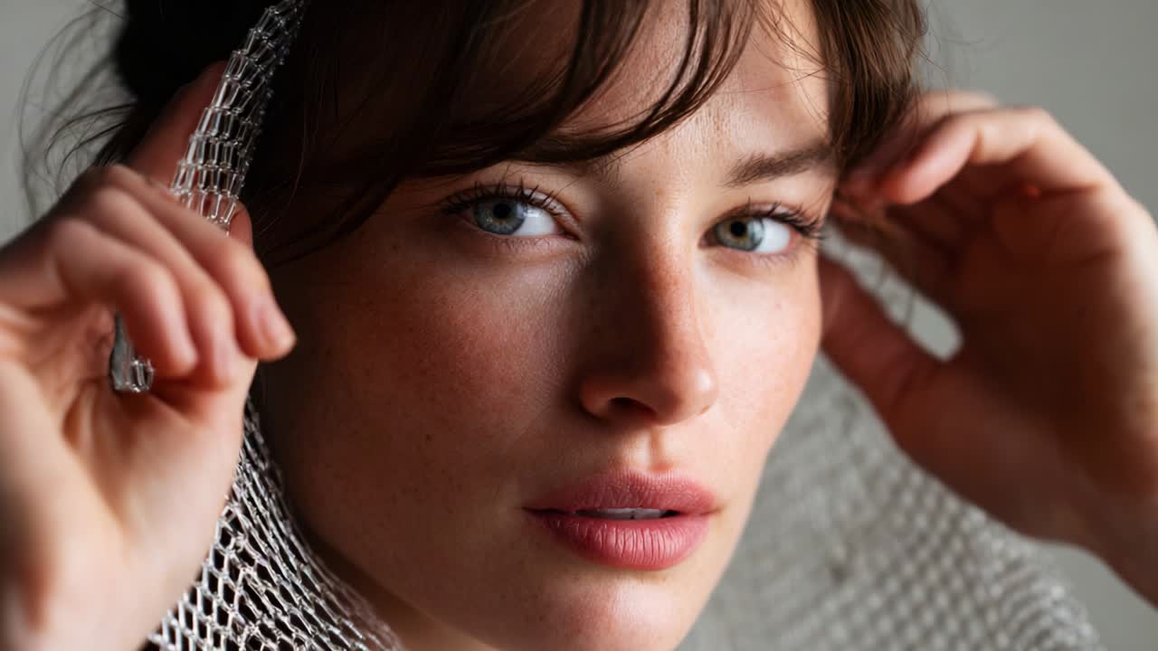 Close-Up Portrait of a Young Woman with a Delicate Veil: Captivating Expression and Natural Beauty in Soft Light and Subtle Tones, Showcasing Personality and Emotion with a Touch of Elegance