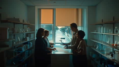 scientists collaborating and discussing work in a laboratory