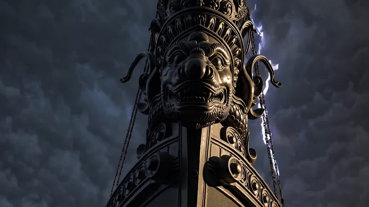 Dramatic low-angle shot of a sculpted pillar with fierce faces, against a stormy sky with lightning