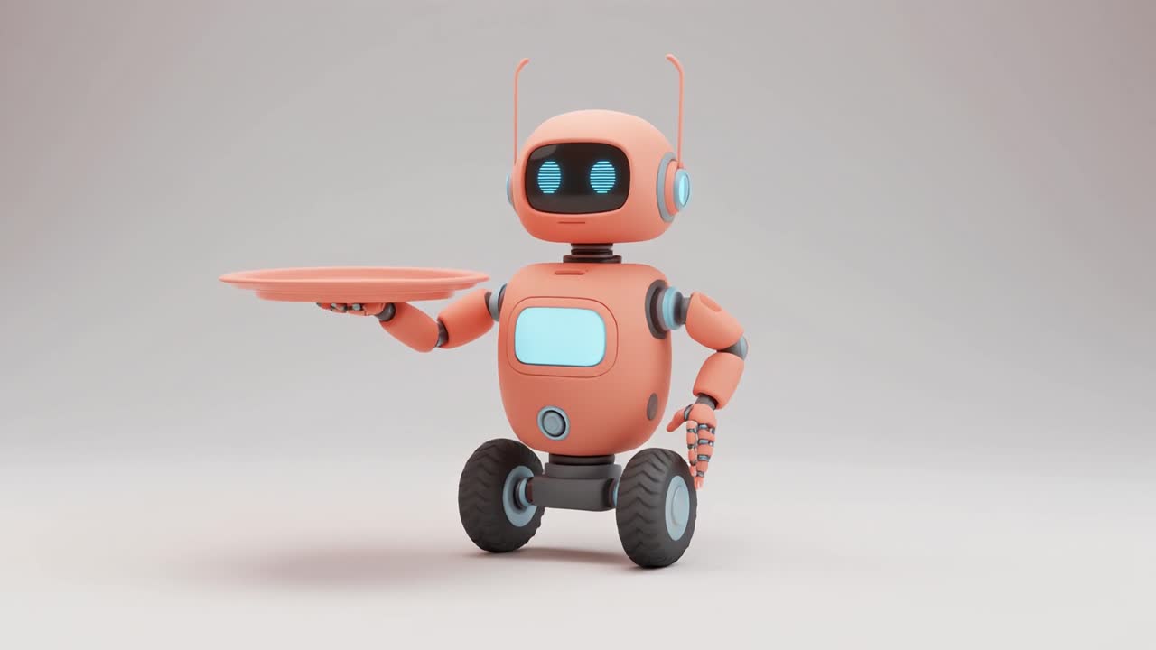 Robot animato in 3D che presenta un vassoio da portata