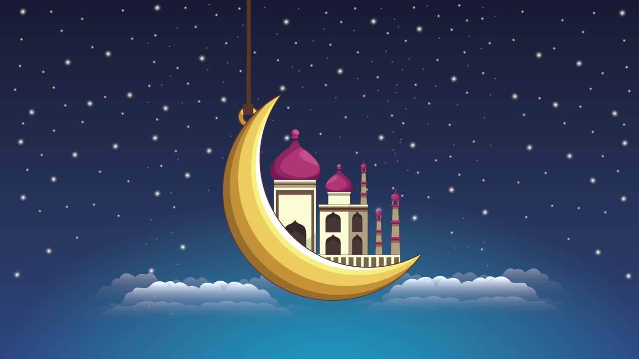 animación de celebración de eid mubarak con luna de oro y mezquita