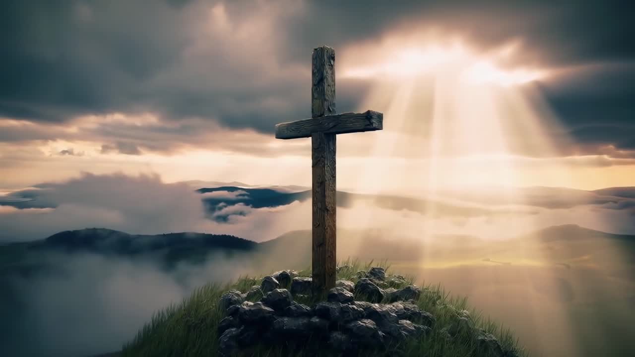 Dramatic video of a cross on a hilltop, captured from a low angle with sun rays breaking