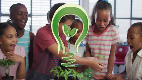 Animation-of-bulb-with-plant-over-class-of-happy-diverse-pupils-planting-flowers-at-school