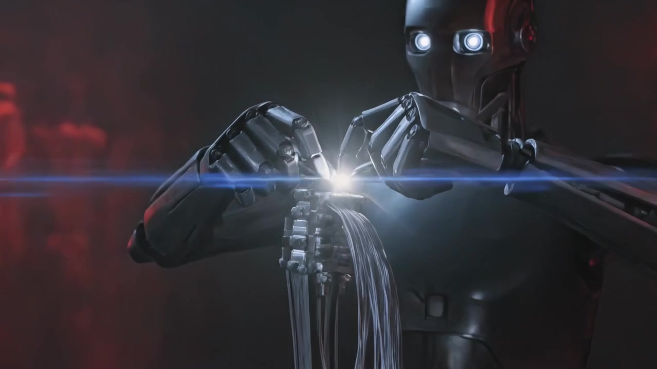 Holding humanoid metallic robot bringing plates together in lab, connecting cable and making sparks