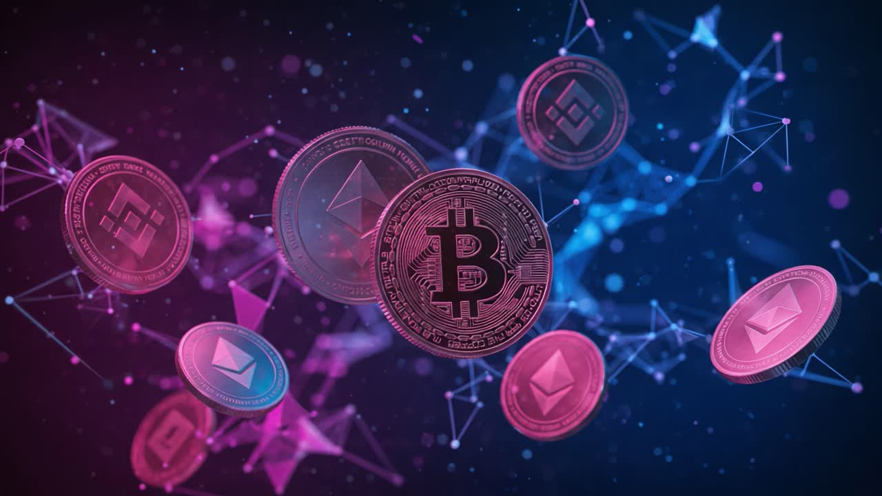 A Vibrant Digital Landscape Showcasing Floating Cryptocurrency Coins with a Network of Connections in a Futuristic, Technological Setting