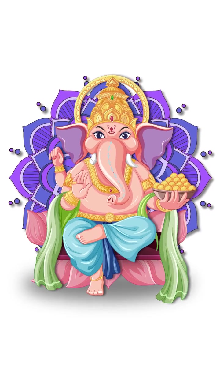 Illustrazione animata del Signore Ganesha seduto su un fiore di loto