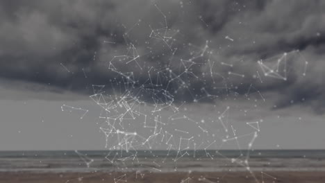 Network of connections and data processing animation over stormy beach scene