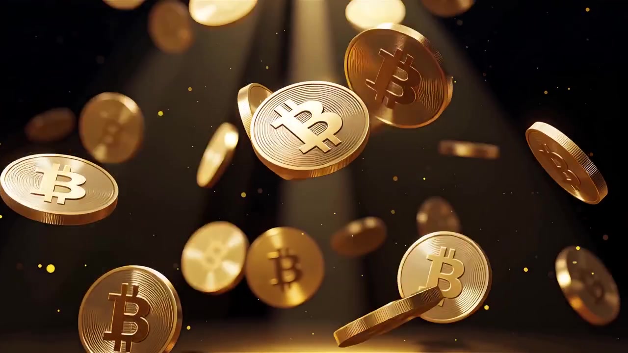 Bitcoin in rotazione su sfondo nero drammatico 4k