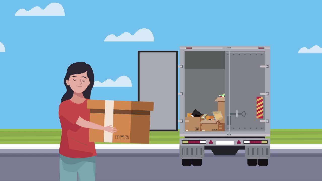 배달 트럭 을 탑재 한 여자 가 상자 를 들어 올리고 있다