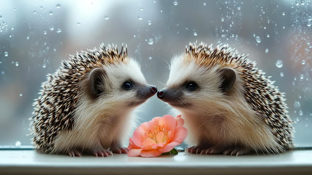 Hedgehogs enjoying a rainy day together. Two hedgehogs are close together on a windowsill, sharing a flower while rain falls outside