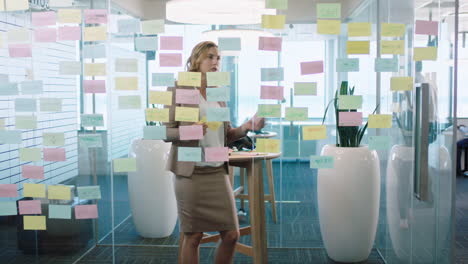 beautiful business woman using sticky notes brainstorming ideas planning strategy problem solving with creative mind map working on solution in office 4k