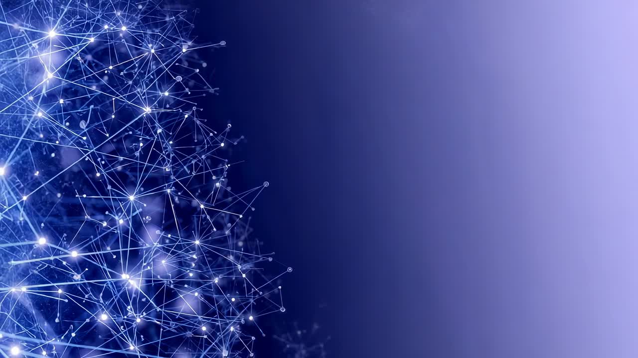 Looping network mesh pulsing in purple gradient space, with glowing nodes and lines, copy space