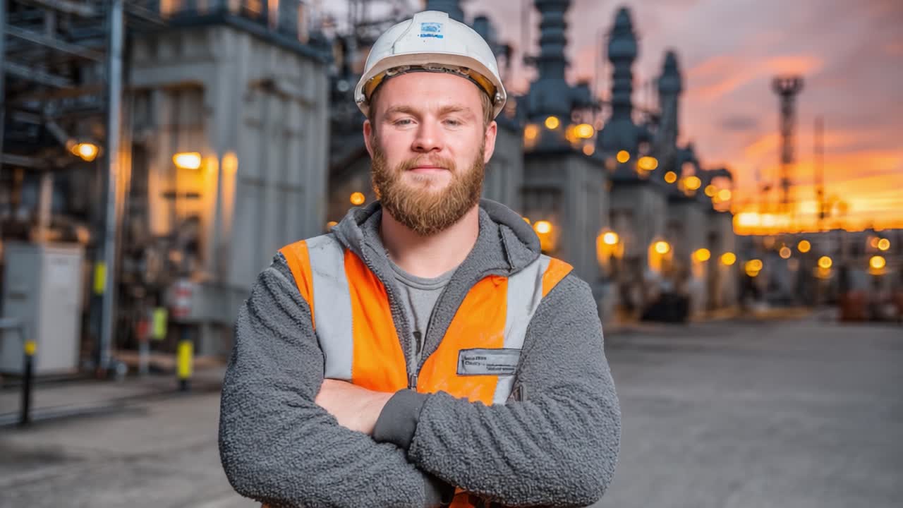 Selbstbewusster Arbeiter in Schutzkleidung überblickt Industriegelände bei Dämmerung, vorbildlich für Engagement für Sicherheit und Professionalität in einem dynamischen Arbeitsumfeld