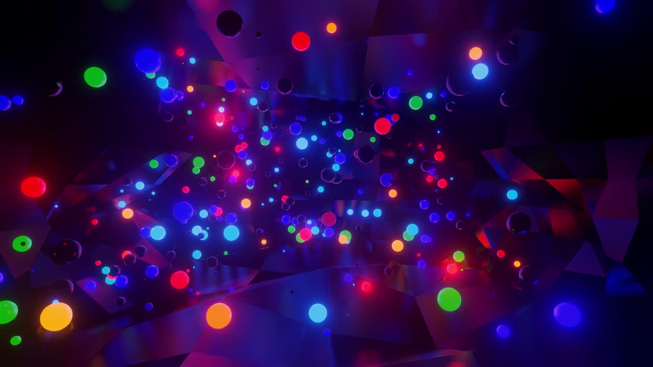 fondo de animación creativa abstracta 3d con brillo de neón esferas multicolores dentro de la cámara, paredes reflectantes. bolas luminosas vuelan dentro de la habitación oscura. orbes de luz de neón vuelan hermosamente. 5