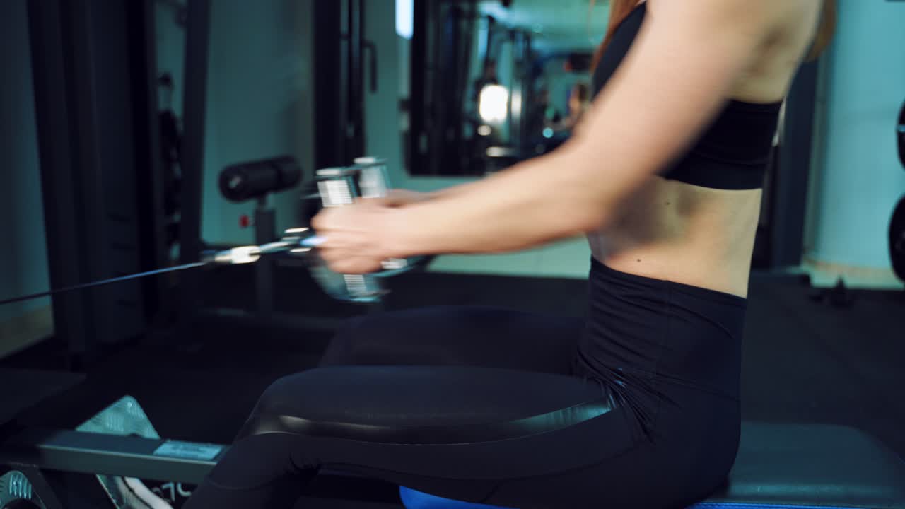 A woman is sitting behind a cardio trainer and working with her hands to strengthen the muscles of her arms and chest in the gym. Close-up. Blurred Background
