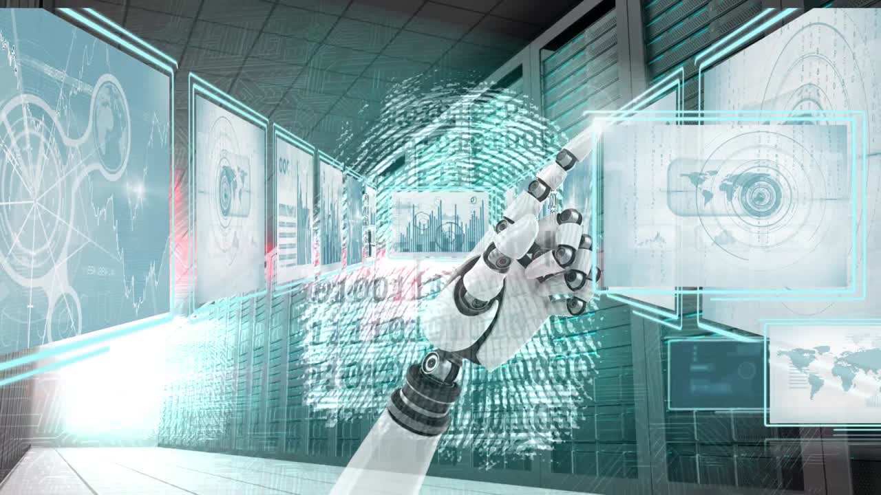 mano del robot interactuando con la interfaz tecnológica y el código de seguridad e identidad