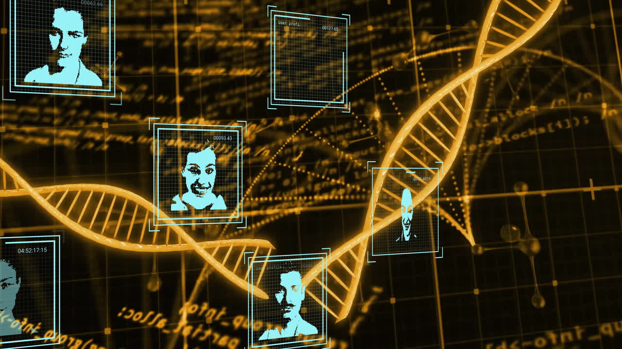 데이터 프로세싱의 애니메이션은 dna 스트랜드 위에 사람 아이콘을 가지고 있습니다.