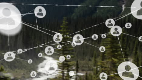 animación de la red de conexiones con las personas iconos sobre el paisaje
