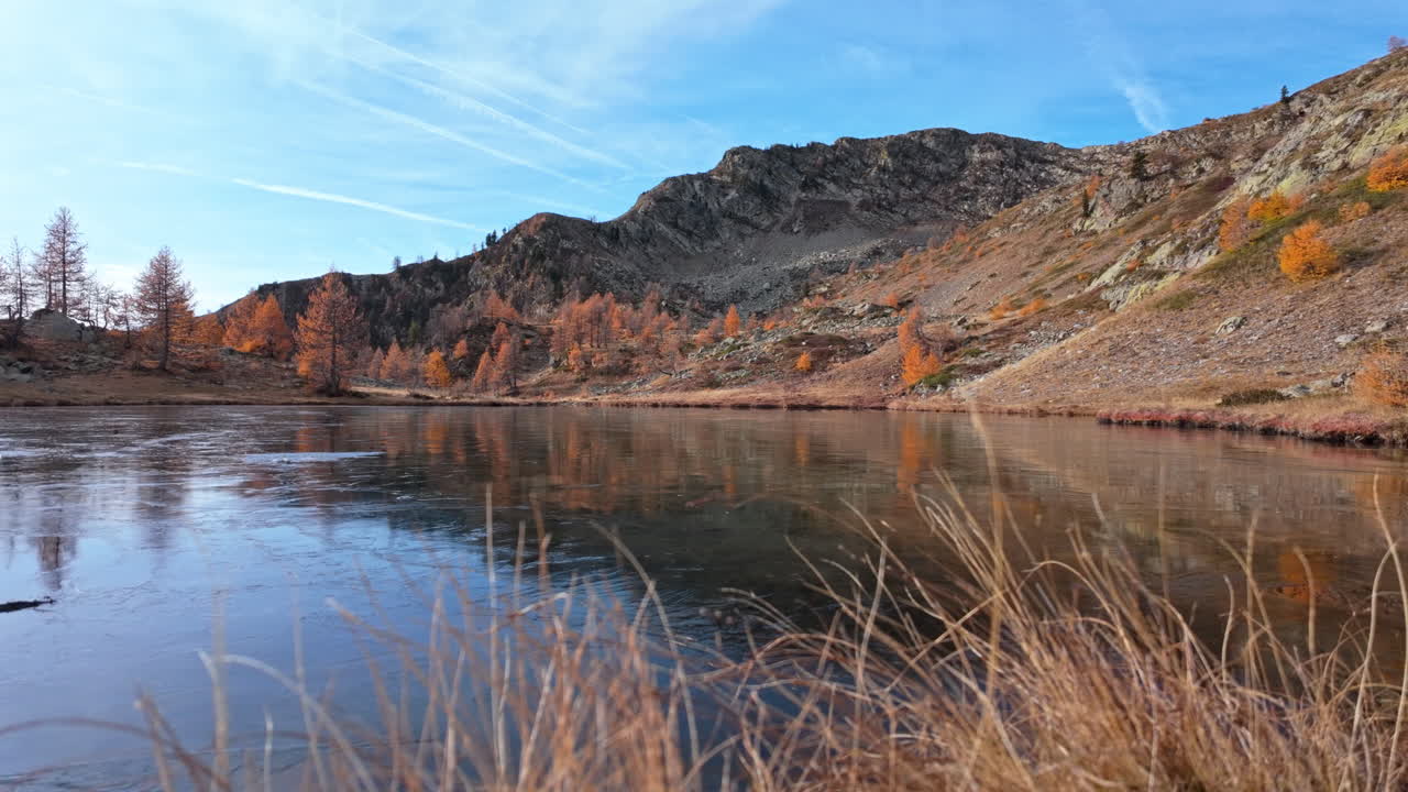 Serene autumn lake in the mountains with clear blue sky above