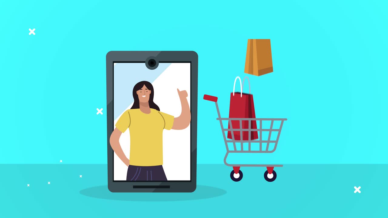 스마트폰에 쇼핑 카트를 가진 여성 노동자