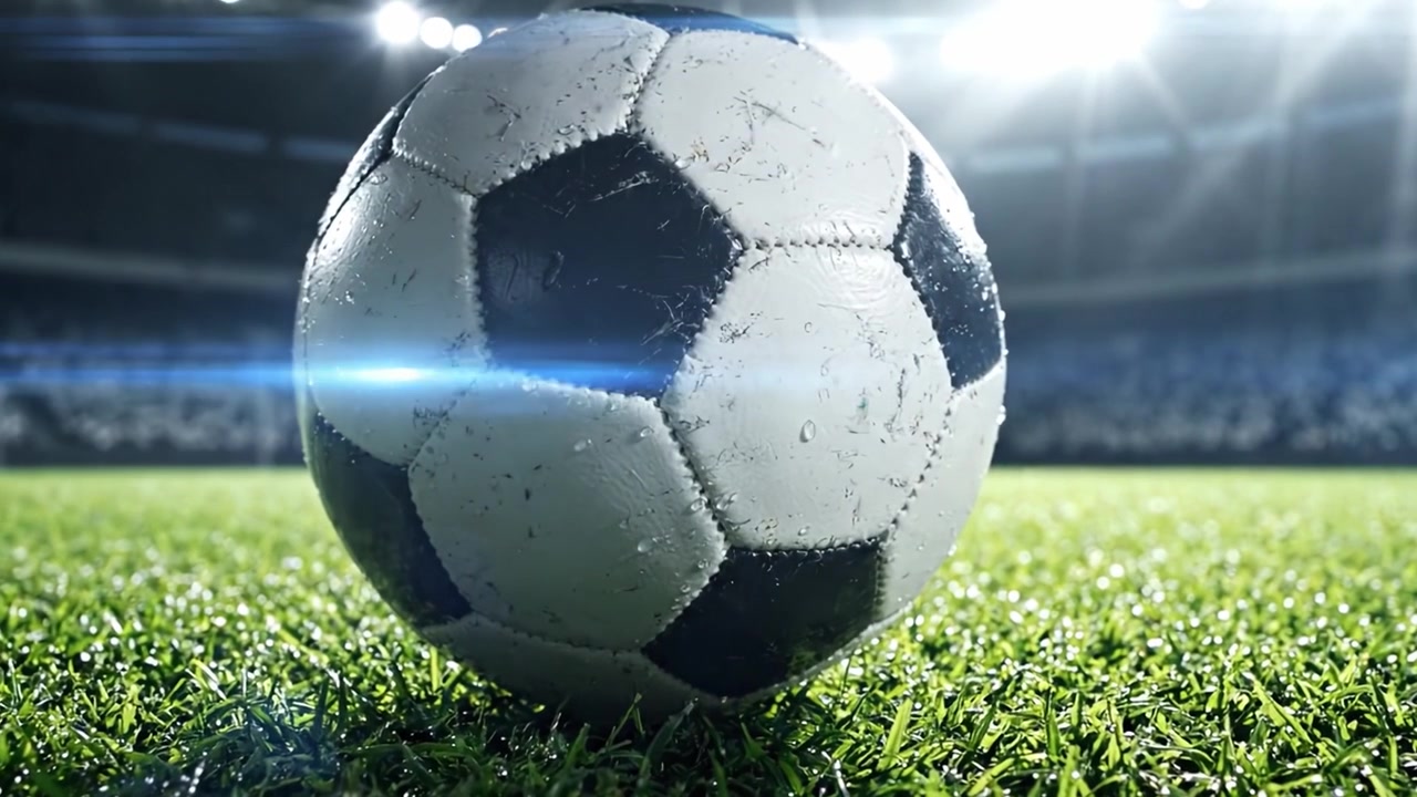 Eine Nahaufnahme eines Fußballs auf dem Spielfeld, die die Intensität und Spannung des Spiels unter brillanter Stadionbeleuchtung einfängt