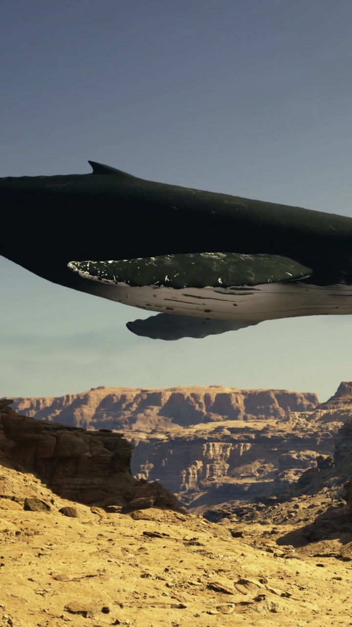 Whale breaching above rocky landscape during sunny daylight hours