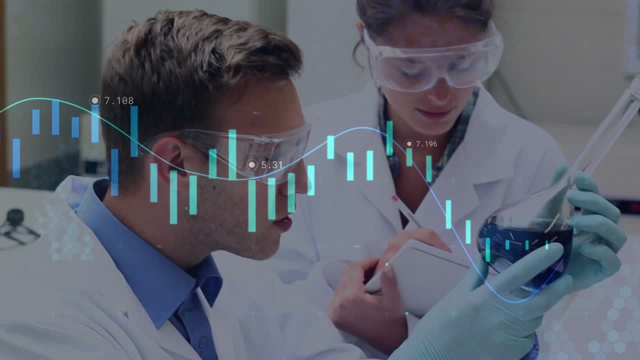 Researchers inspecting blue flask documenting experiment while pipetting lab data overlay scrolling