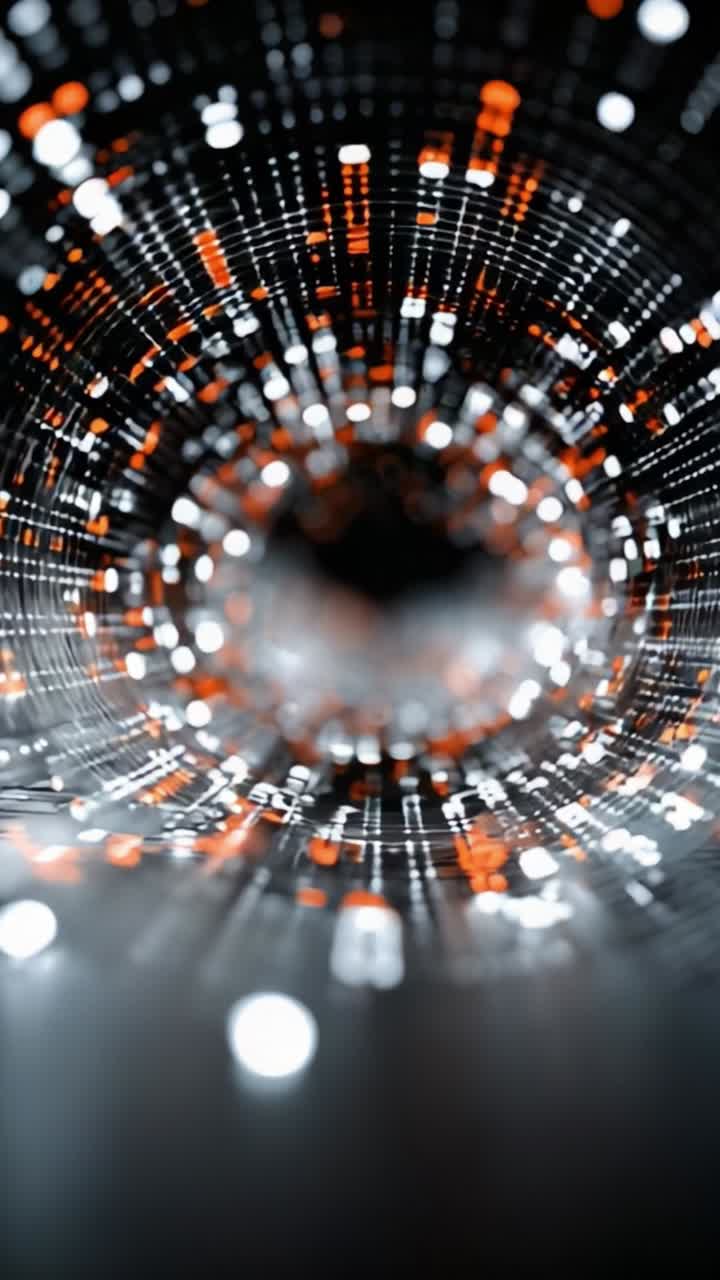 A mesmerizing abstract representation of vivid light trails spiraling through a digital tunnel with a blend of orange, white, and black hues, showcasing depth and motion