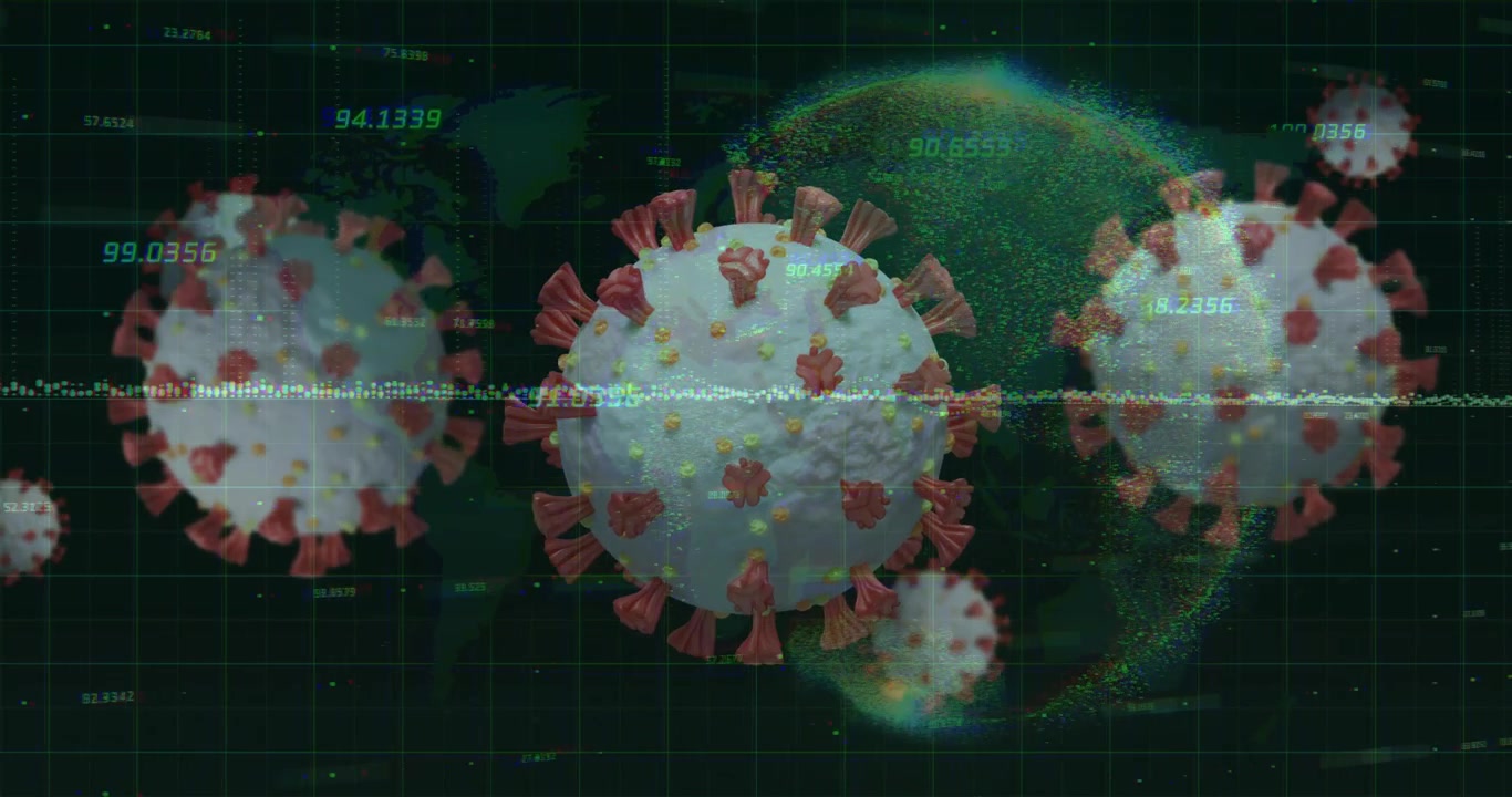 Pulsing waveform sphere rotating with labels updating and globe forming to show infection data