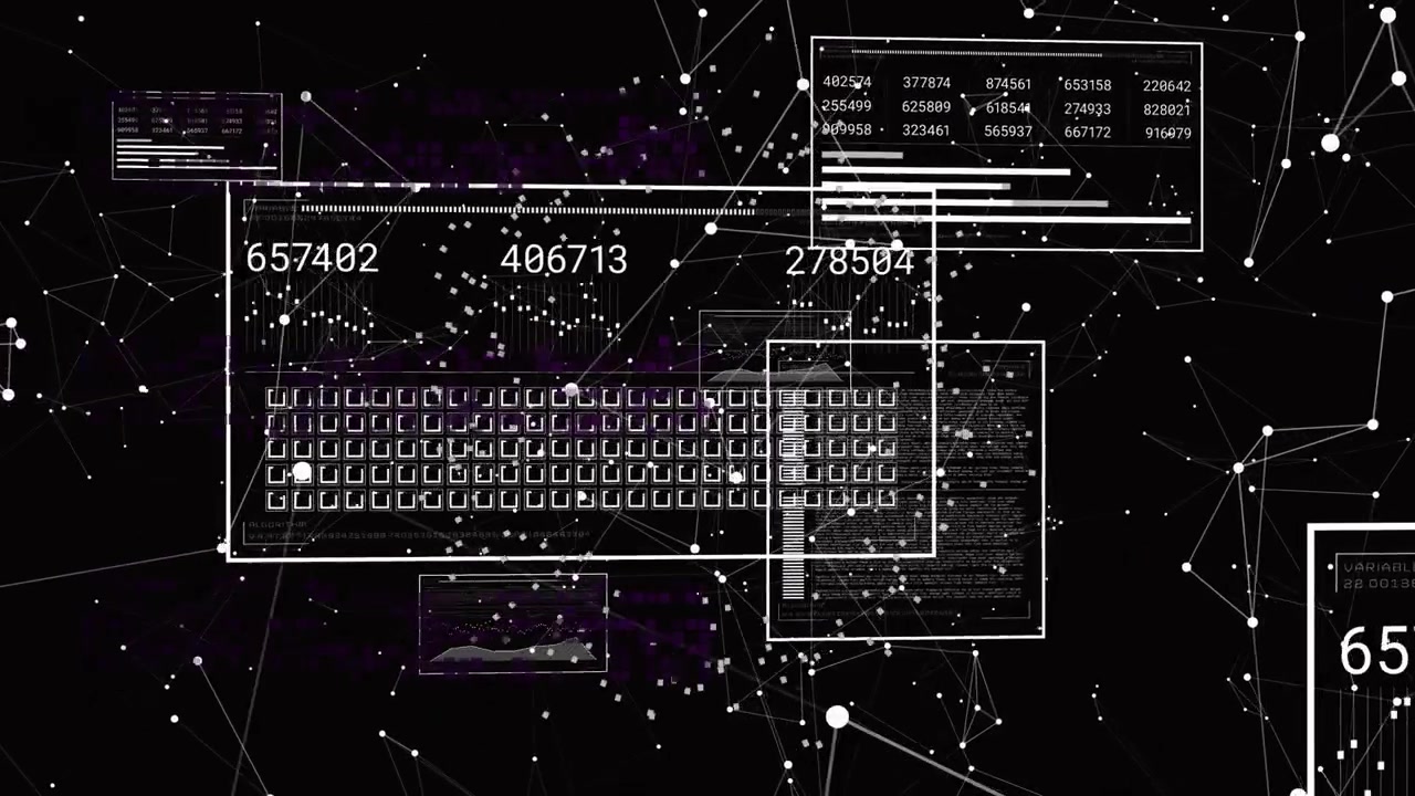 Flickering network nodes forming grid panels and updating numeric labels, visualizing dynamic data