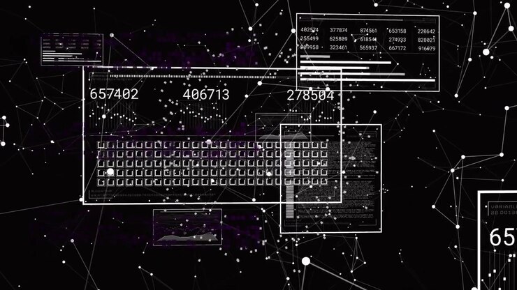 Flickering network nodes forming grid panels and updating numeric labels, visualizing dynamic data