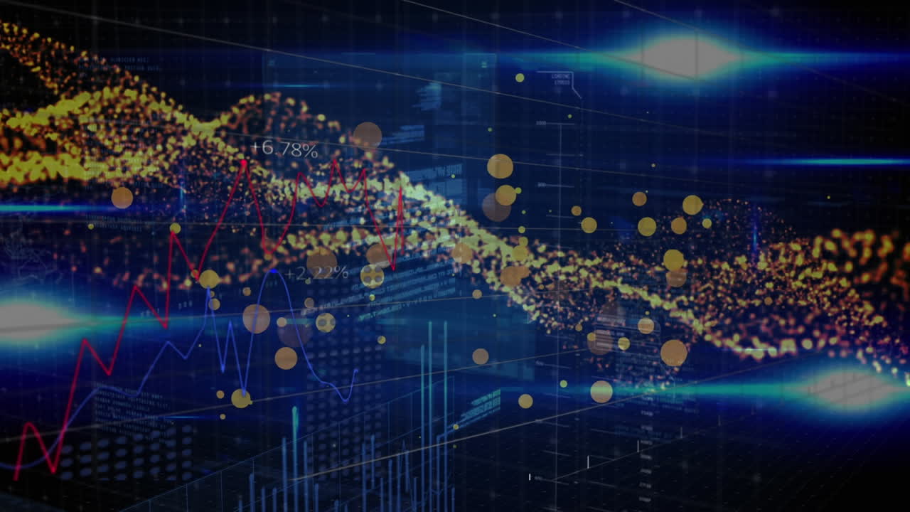 검은색 배경에 금융 데이터 처리에 대한 빛의 점의 애니메이션