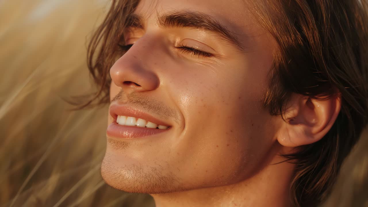 Uomo adulto sorridente che nota un punto in alto, con lo sguardo rivolto verso l'alto in un campo dorato con erbe illuminate dal sole