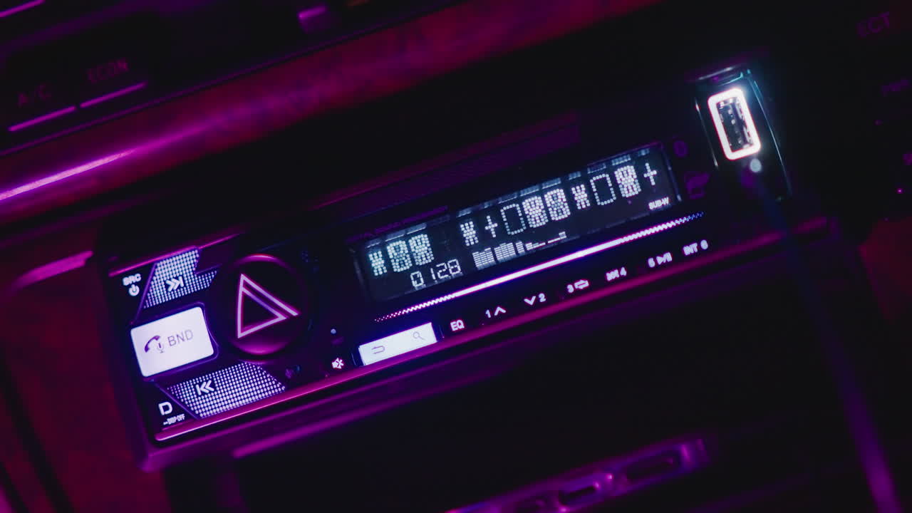 neon car stereo display glowing with magenta equalizer, buttons and knobs illuminated, LCD text and icons visible, retro synthwave mood, night drive soundtrack, playlist control, closeup console