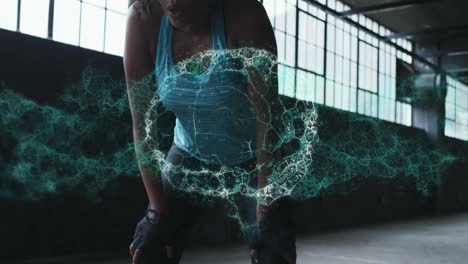 Animation-of-human-brain-made-of-connections-over-woman-exercising-in-abandoned-building