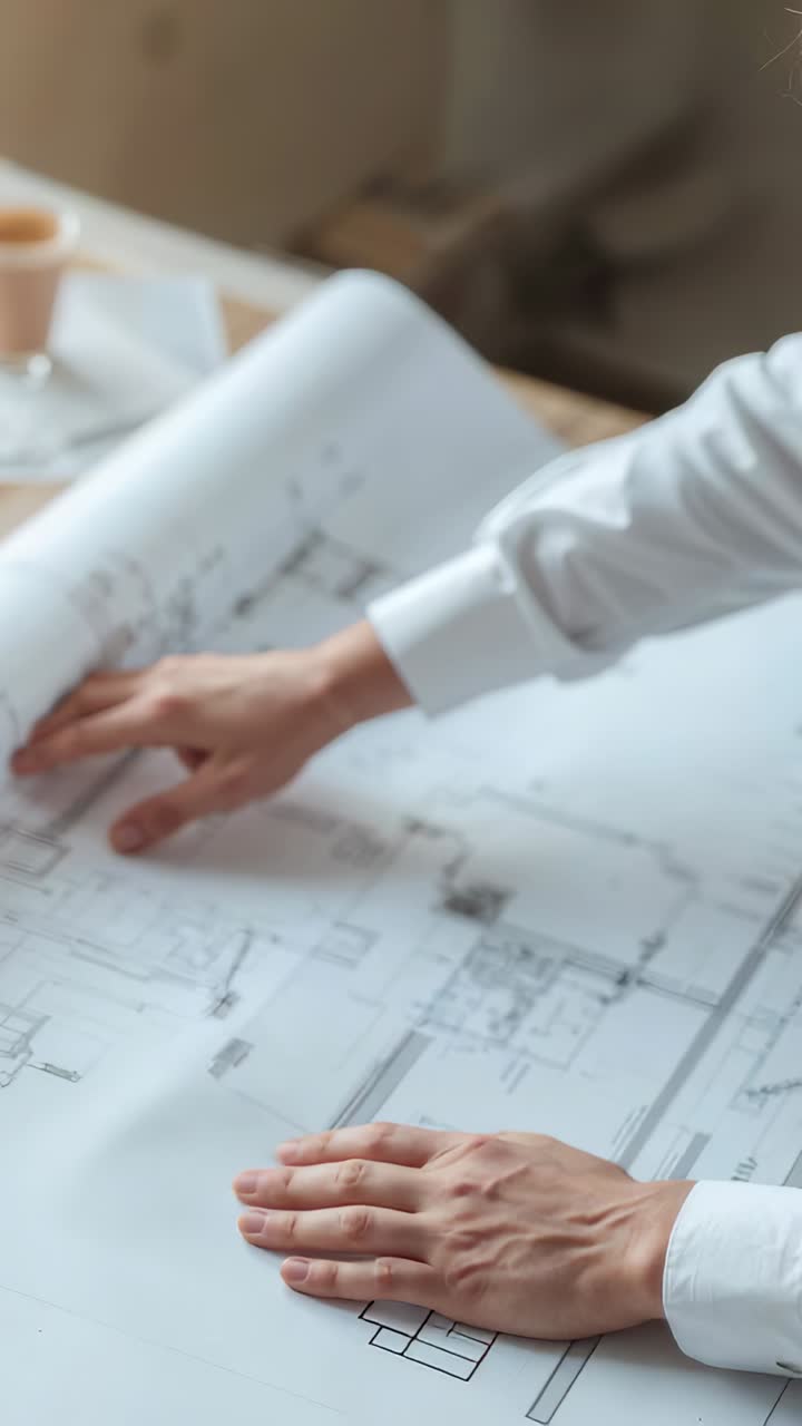 Vertical video: Unrolling white cuff hands after hand rest reviewing plan lines at desk with cup