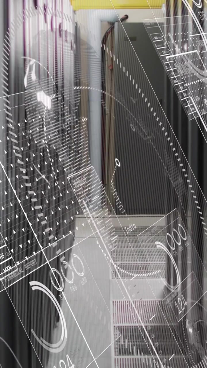 Animation of interface with data processing against computer server room