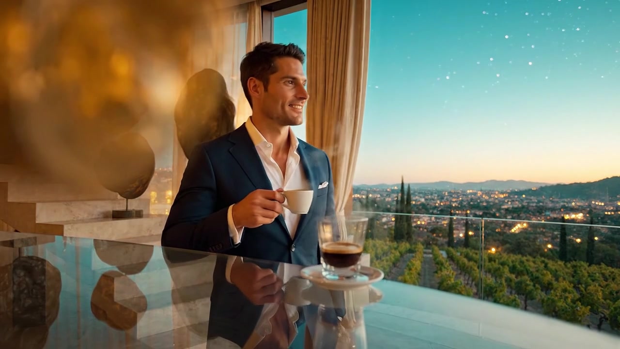 Godendosi un momento caffè con viste mozzafiato sulla città: un uomo in abito formale si gode una bevanda mentre ammira il paesaggio urbano al crepuscolo.