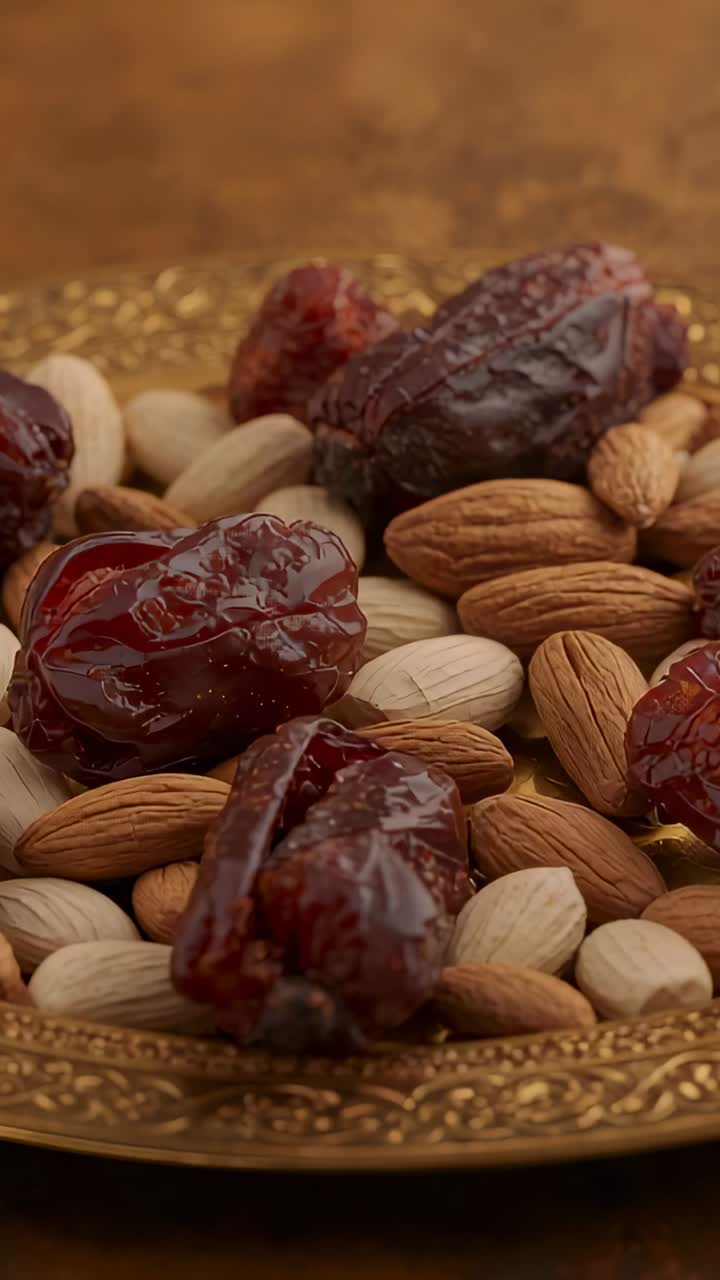 Vertical video: Panning camera focusing gold plate on table, showing shiny dates and almond detail
