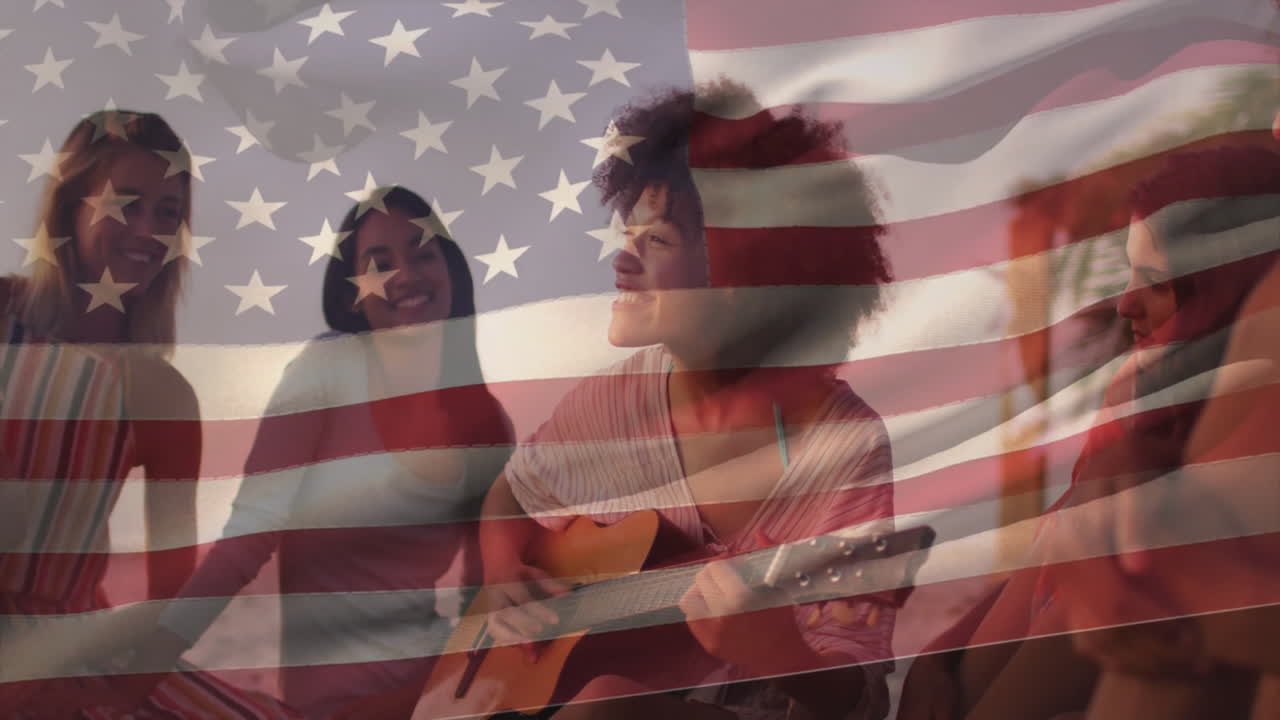 Listening to music, women together with American flag animation overlay